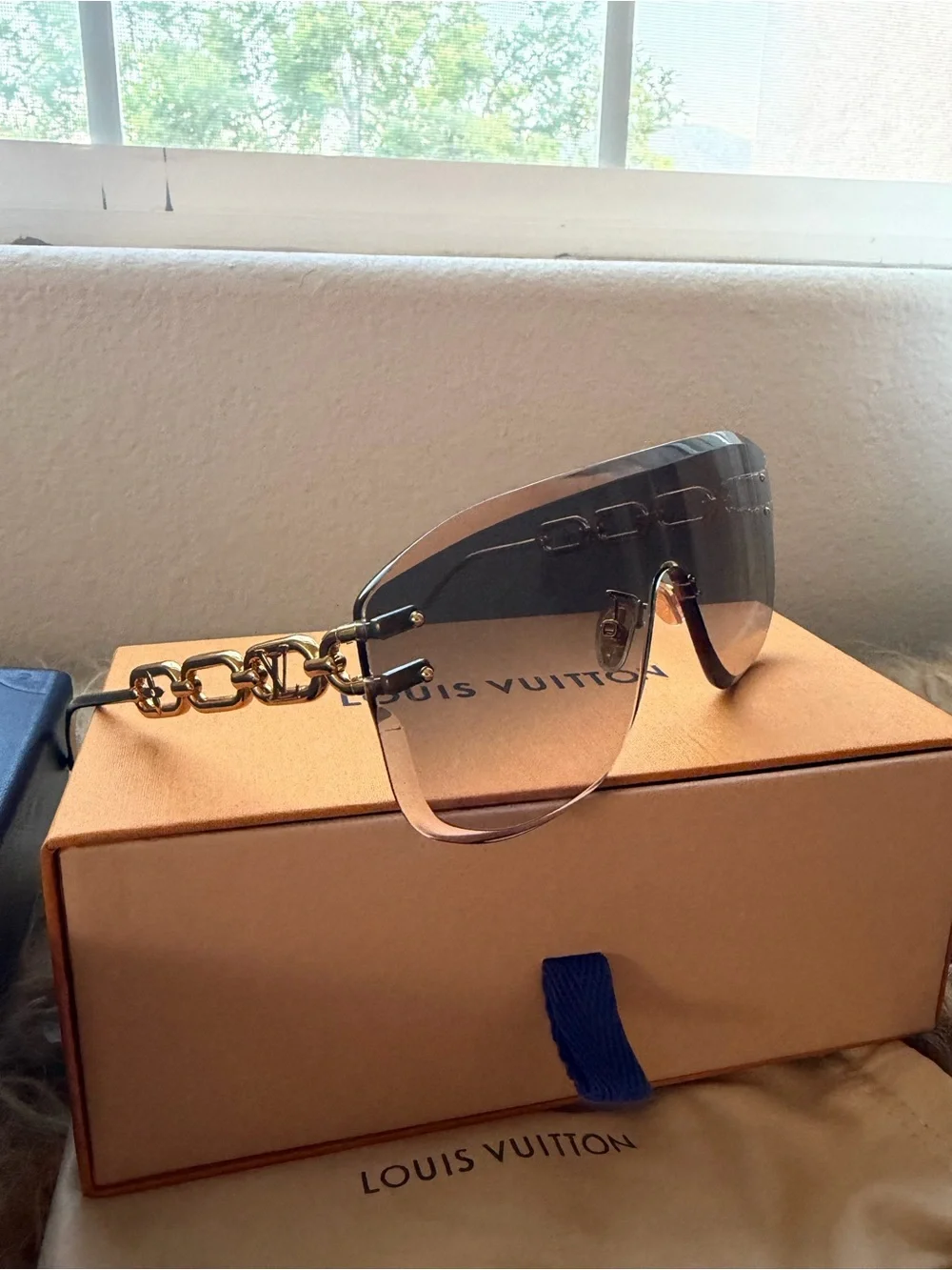 Louis Vuitton Blue Shield Sunglasses with Gold Chain Accent